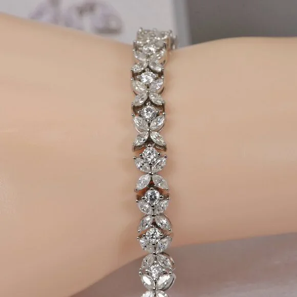 GRA Certified Marquise and Round Cut Moissanite Tennis Bracelet 925 Sterling - Picture 2 of 13